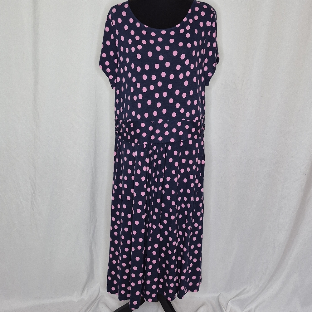 Boden Navy and Pink Polka Dot Midi Dress